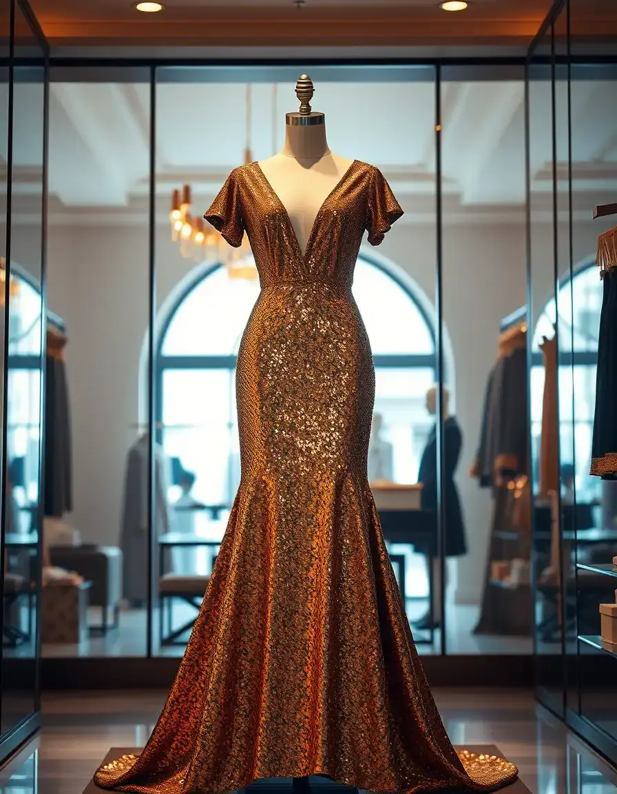 Luxuriöses goldenes Pailletten-Maxikleid in einer schicken Boutique mit warmer Beleuchtung