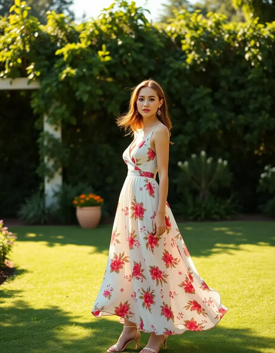 Frau in einem floralen Midi-Kleid auf einer sommerlichen Gartenhochzeit