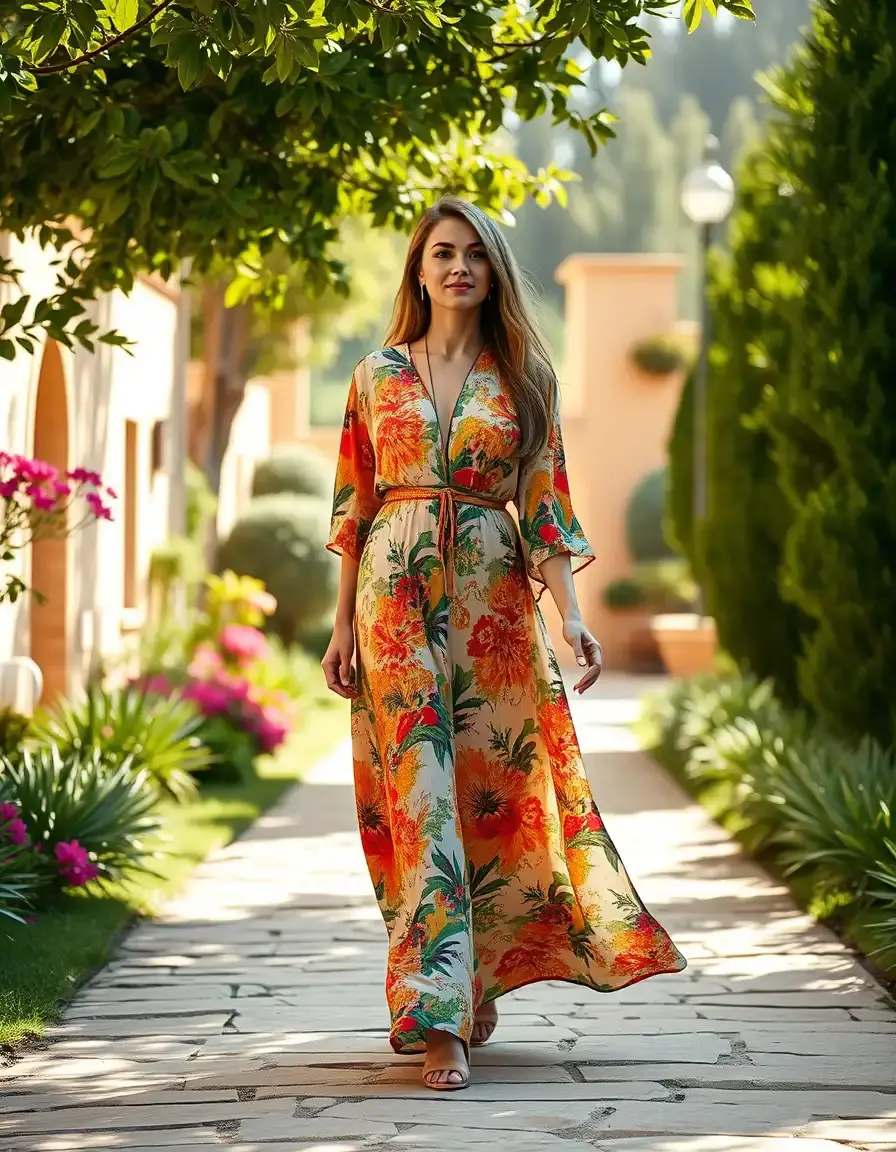 Frau in einem fließenden bunten Kaftan Kleid in einem sonnigen Garten