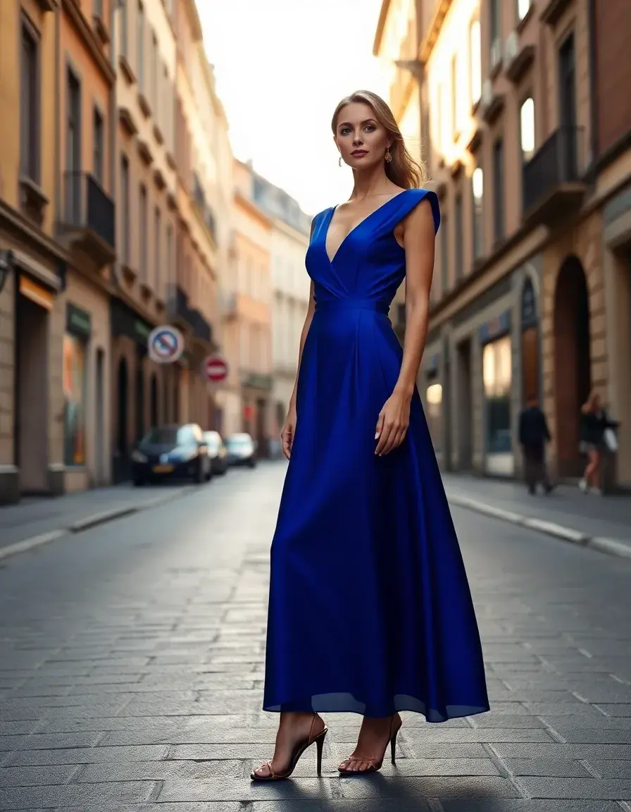 Frau in einem eleganten royalblauen Midikleid auf einer sonnigen Stadtstraße