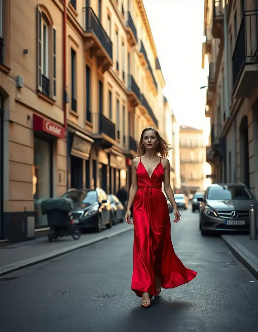 Frau in einem eleganten roten Maxikleid in einer sonnigen Stadtstraße