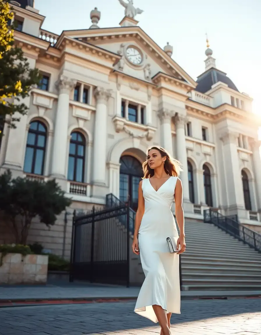 Frau in einem eleganten weißen Midikleid vor einem Standesamt Gebäude