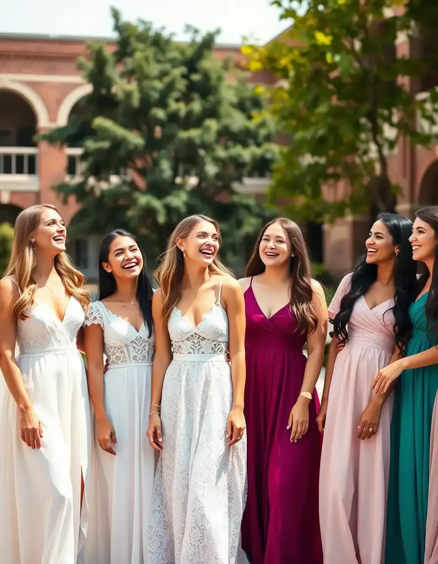 Junge Frauen in eleganten Abschlusskleidern feiern in einem sonnigen Garten