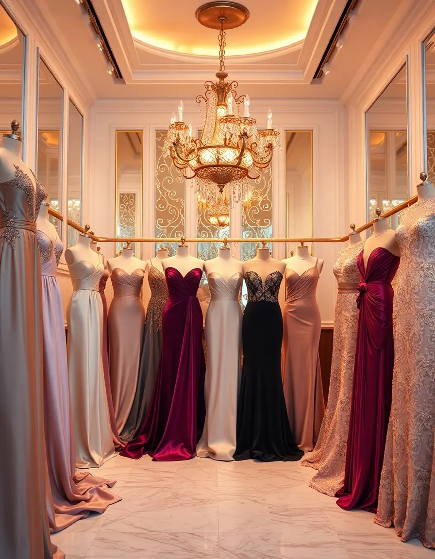 Eine Auswahl luxuriöser eleganter Kleider in einer Boutique