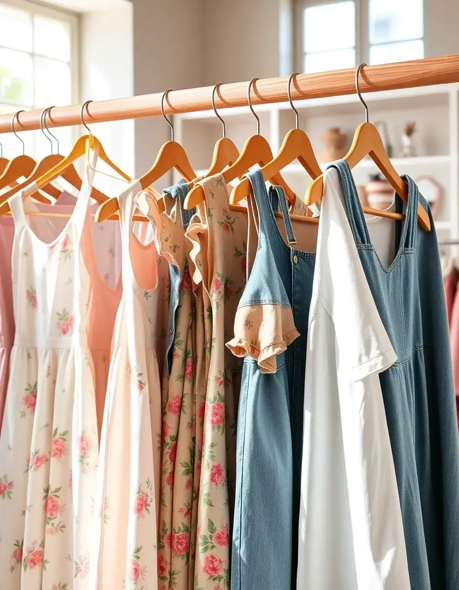 Stilvolle Auswahl an bunten Mädchen Kleidern in einer hellen Boutique