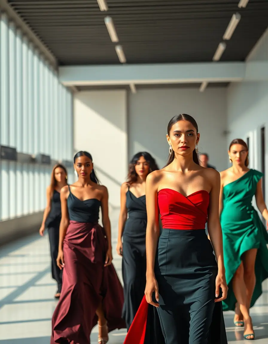Frauen in eleganten asymmetrischen One-Shoulder-Kleidern in einer modernen Galerie