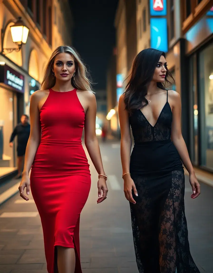 Frau in einem roten sexy Bodycon Kleid auf einer beleuchteten Abendstraße