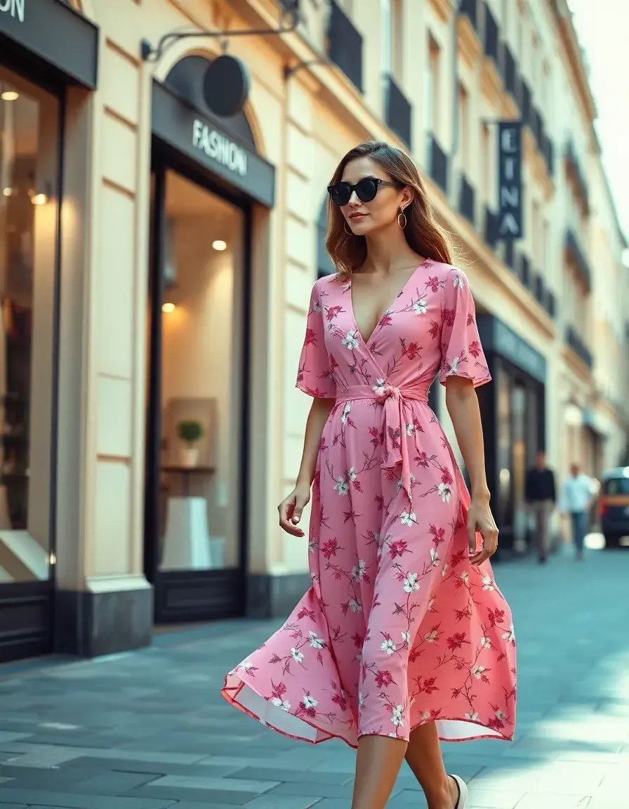 Frau im floralen A-Linien-Kleid in einer sonnigen Stadtstraße