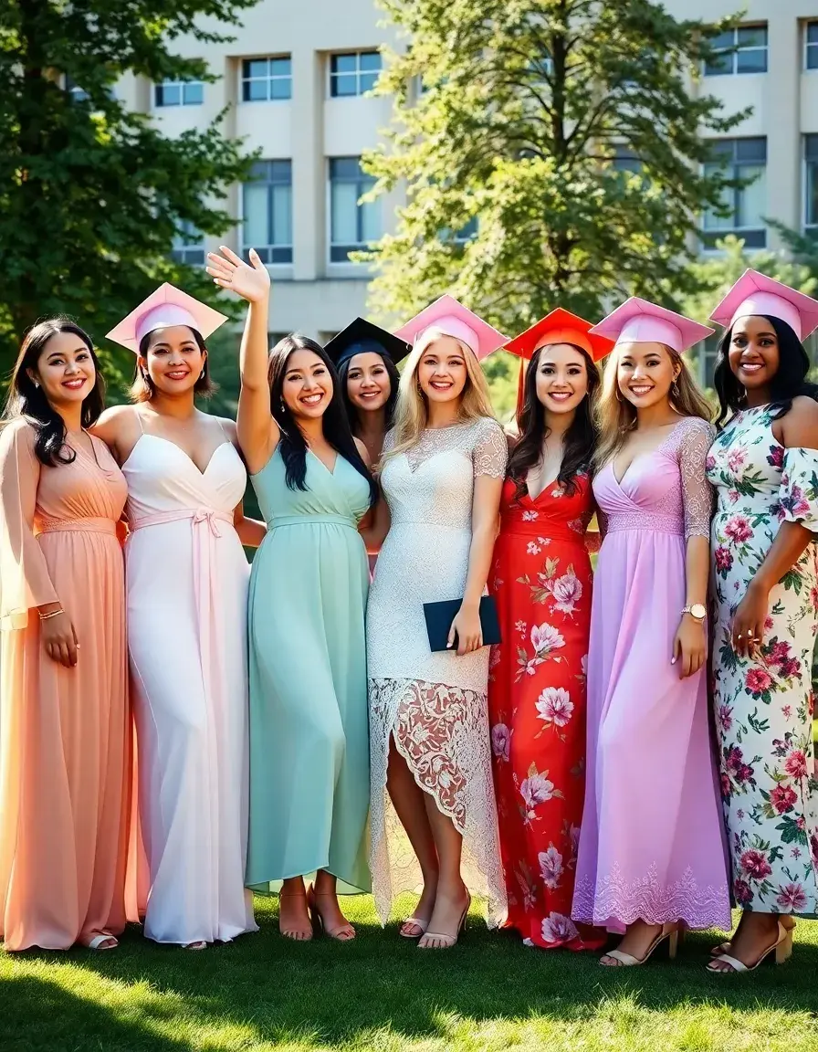 Elegante junge Frauen in verschiedenen Abschlusskleidern feiern in einem sonnigen Garten.