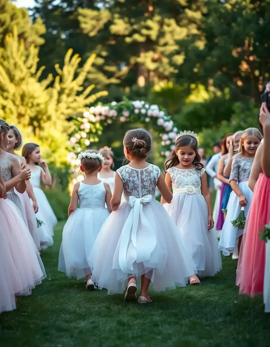 Blumenmädchen Kleider in verschiedenen Stilen bei einer Gartenhochzeit im Sonnenlicht