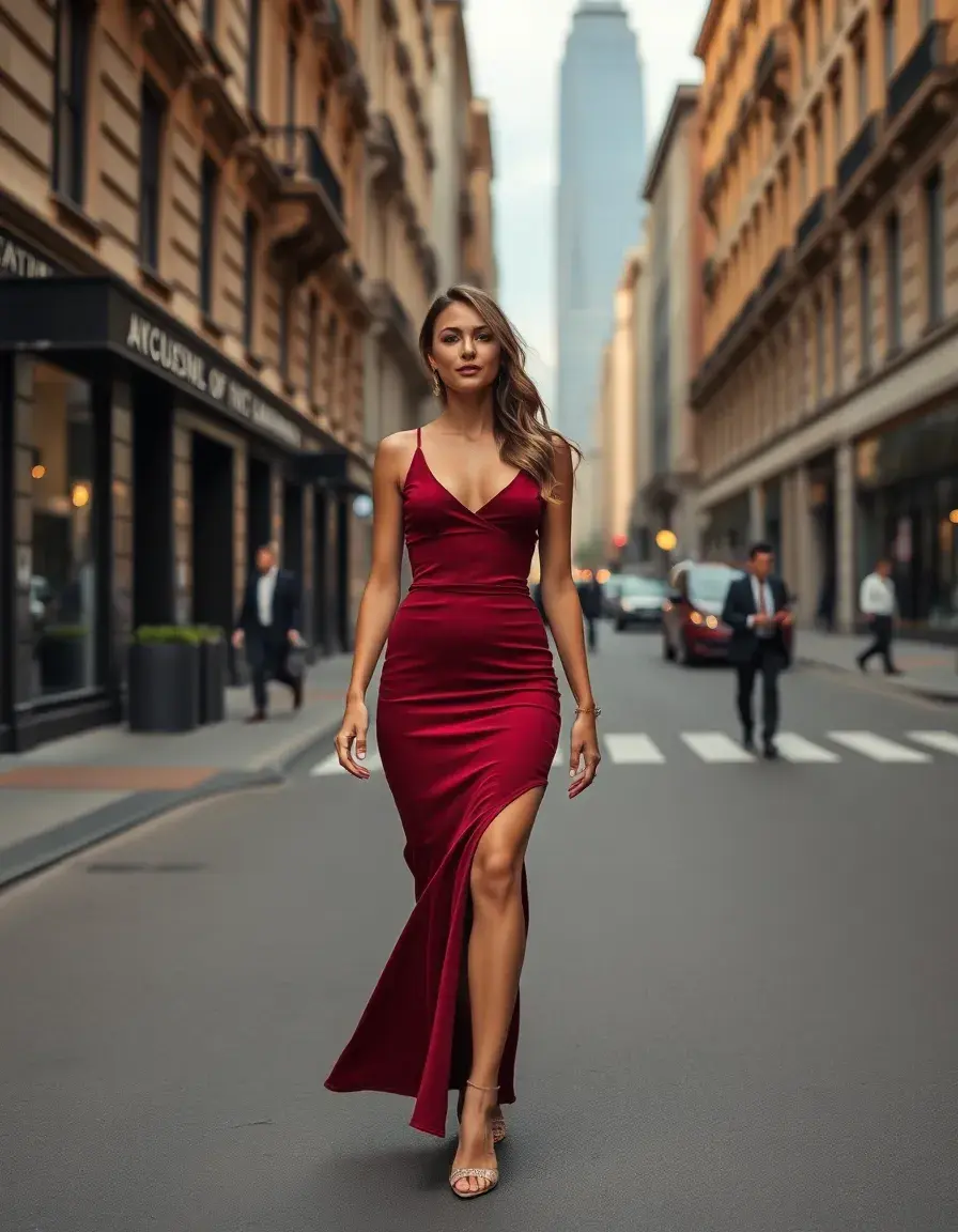 Frau in elegantem Bodycon Kleid auf einer modernen Stadtstraße