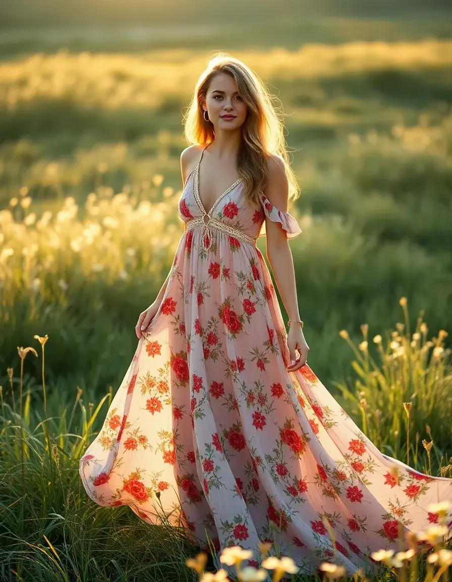 Frau in einem fließenden floralen Boho Maxi Kleid auf einer sonnigen Wiese
