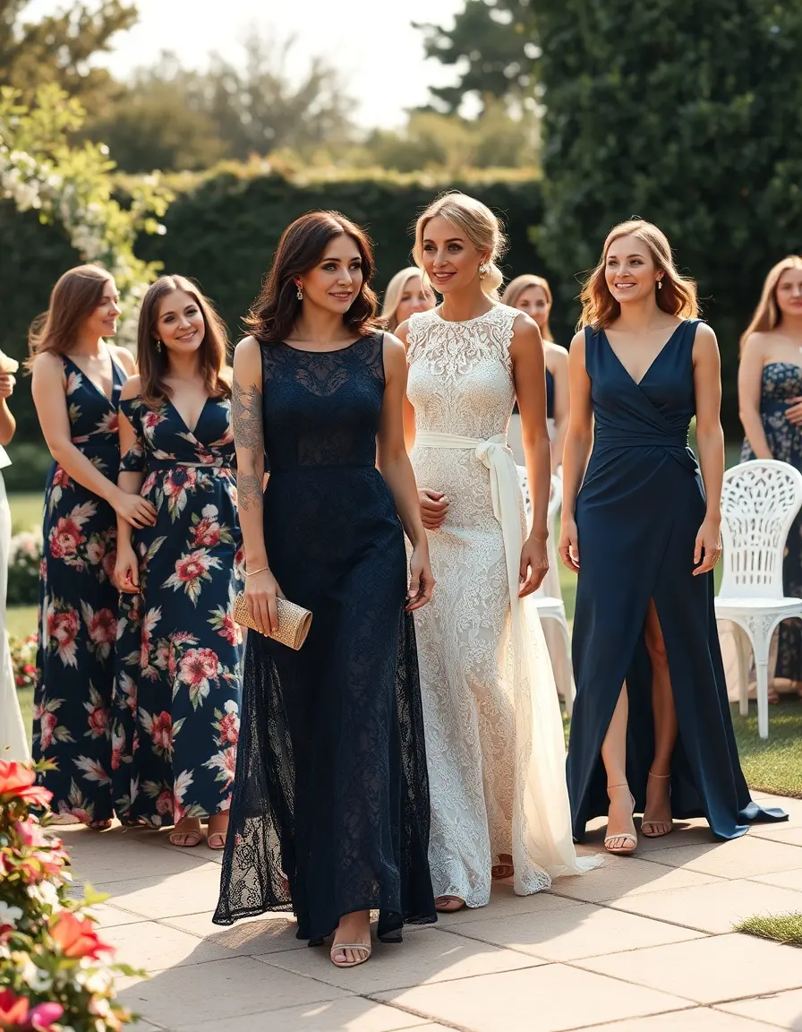 Stilvolle Frauen in verschiedenen Kleidern für Hochzeitsgäste bei einer Gartenhochzeit