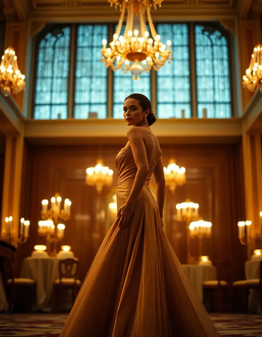 Frau in einem eleganten Abendkleid in einem luxuriösen Festsaal