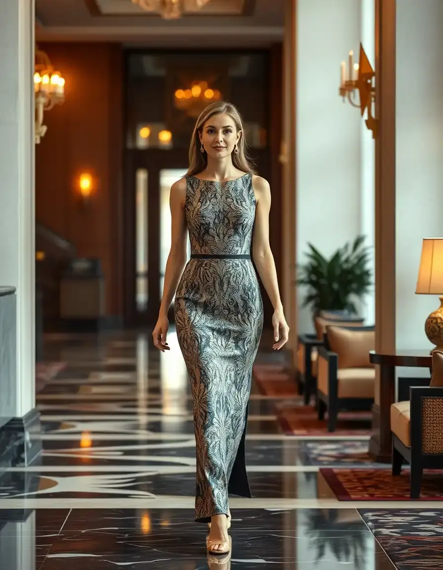 Eine elegante Frau in einem festlichen Etuikleid in einem luxuriösen Ambiente