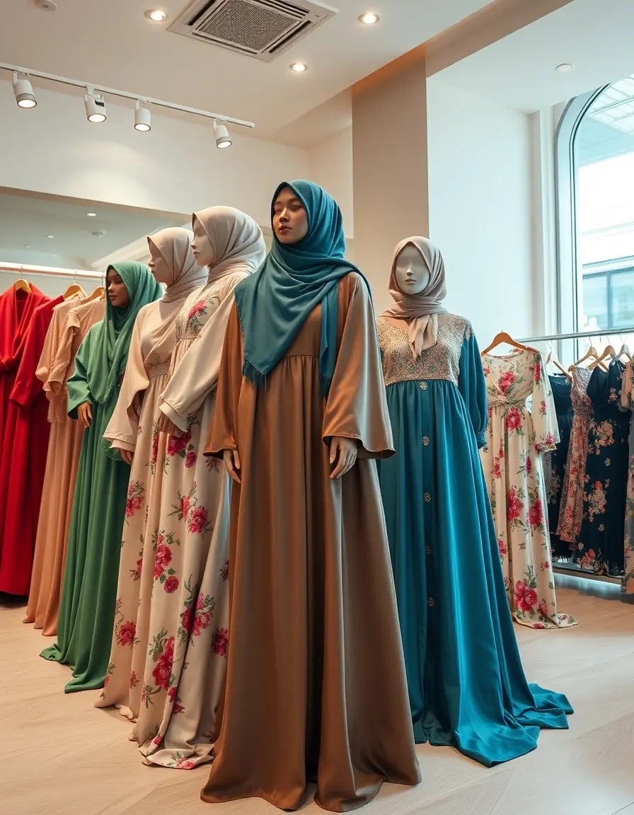 Elegante Auswahl an verschiedenen Hijab Kleidern in einer hellen Boutique.